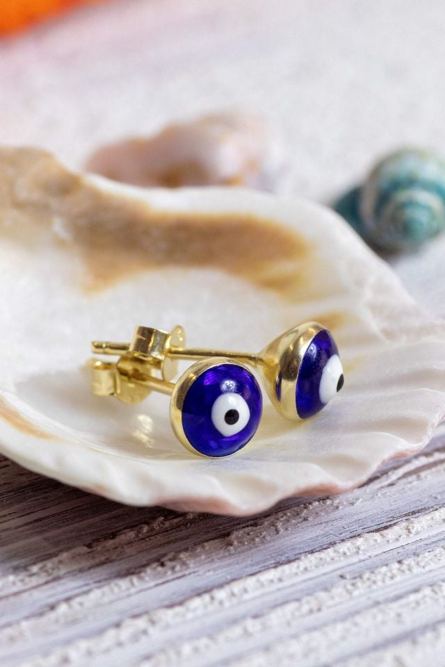 Moom Mücevherat Kadın Nazar Boncuk Pim Küpe 14 Ayar Altın