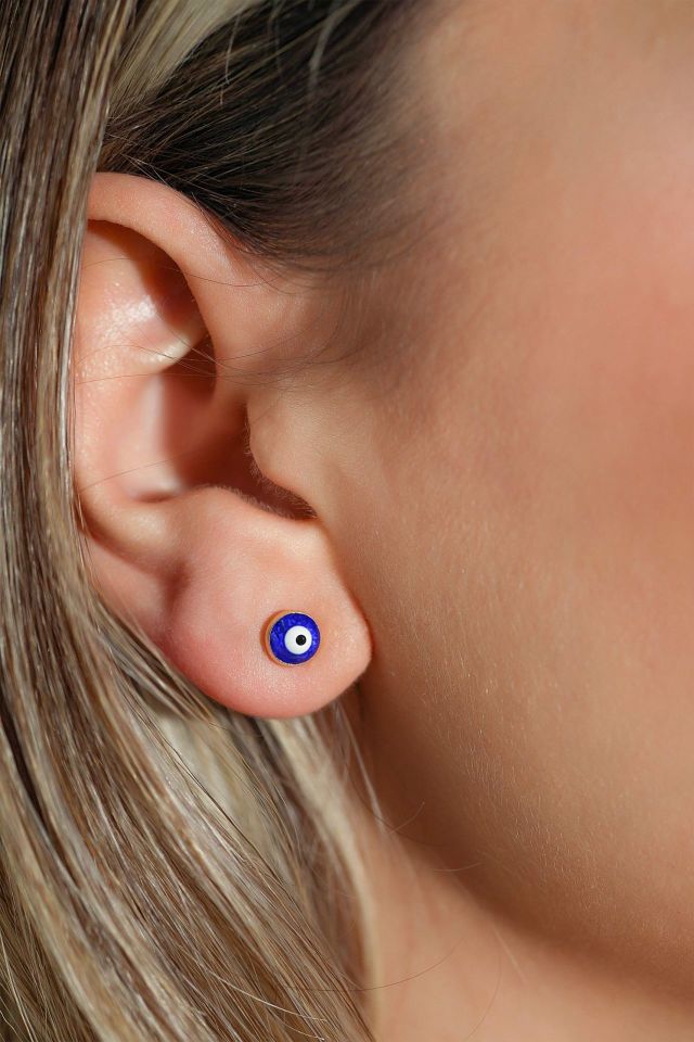 Moom Mücevherat Kadın Nazar Boncuk Pim Küpe 14 Ayar Altın