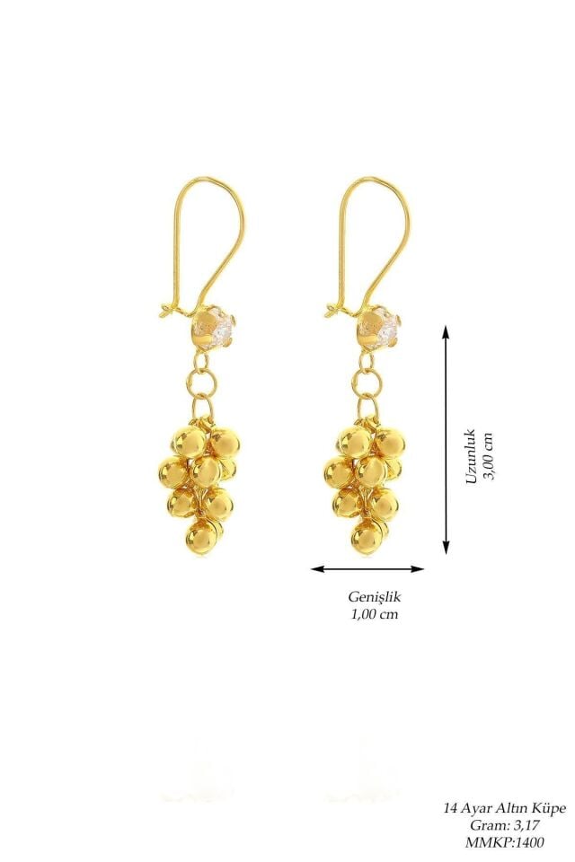 Kadın 14 Ayar Altın Kırmızı Askılı Sallantılı Üzüm Küpe