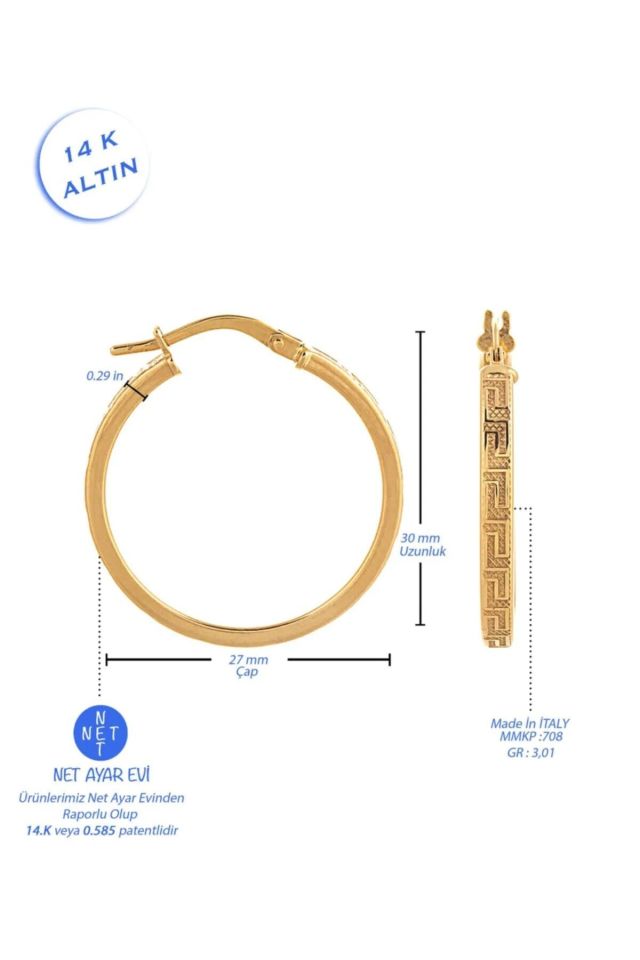 Moom Mücevherat Kadın İtalyan Grek Desenli Halka Küpe 14 Ayar Altın (3 cm)