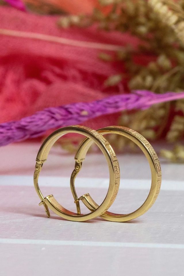 Moom Mücevherat Kadın İtalyan Grek Desenli Halka Küpe 14 Ayar Altın (3 cm)