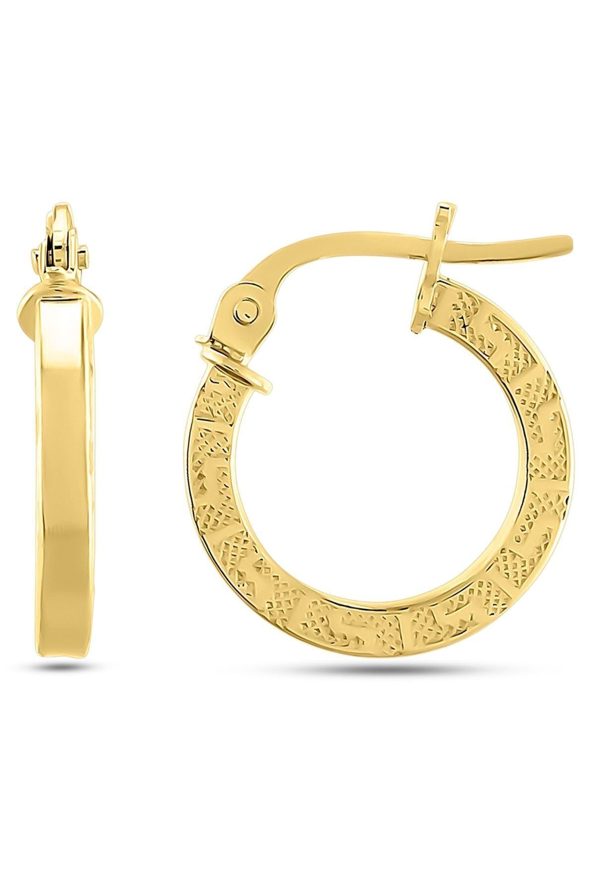 Kadın 14 Ayar Altın Grek Desenli Minimal Halka Küpe