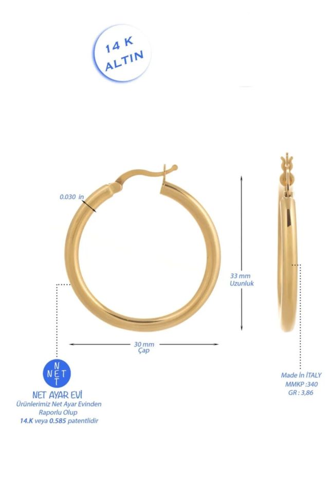 Moom Mücevherat Kadın İtalyan Halka Küpe 14 Ayar Altın (3 cm)