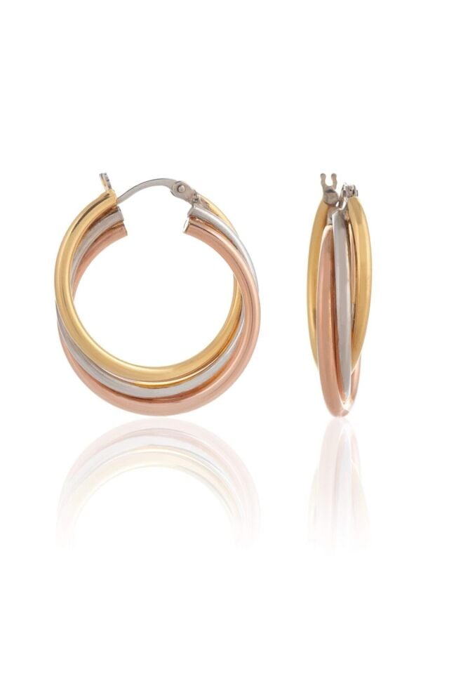 Kadın Italyan 3 Renkli Rose Beyaz Yeşil Halka Küpe 14 Ayar Altın (2,8 CM)