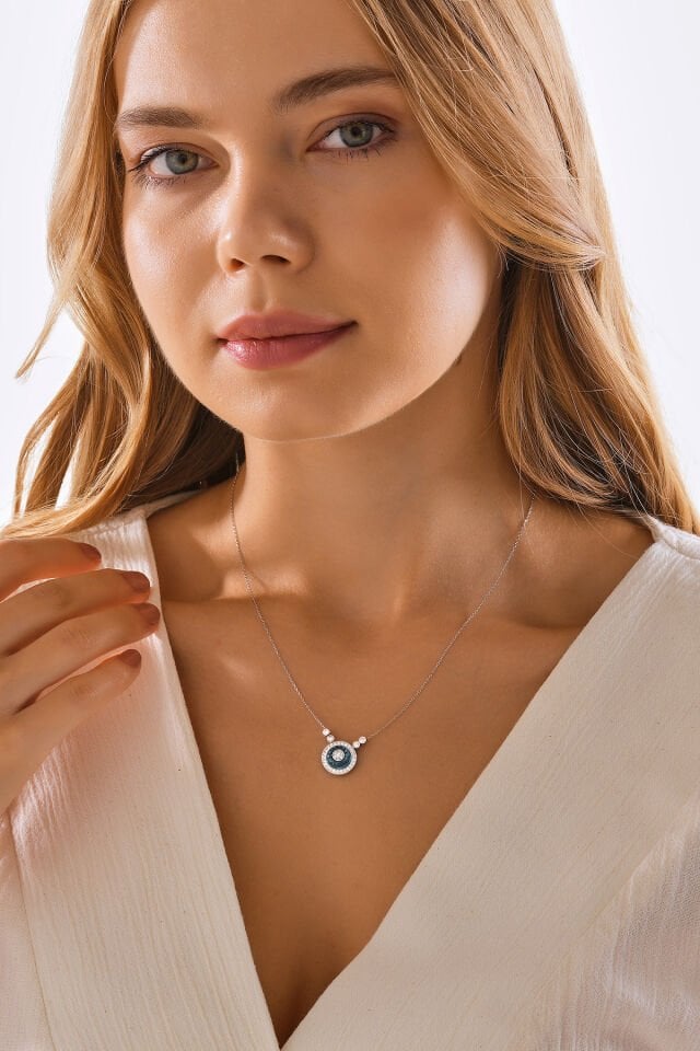 14 Ayar Altın Pırlanta Aquamarin Taşlı Pırlanta Kolye