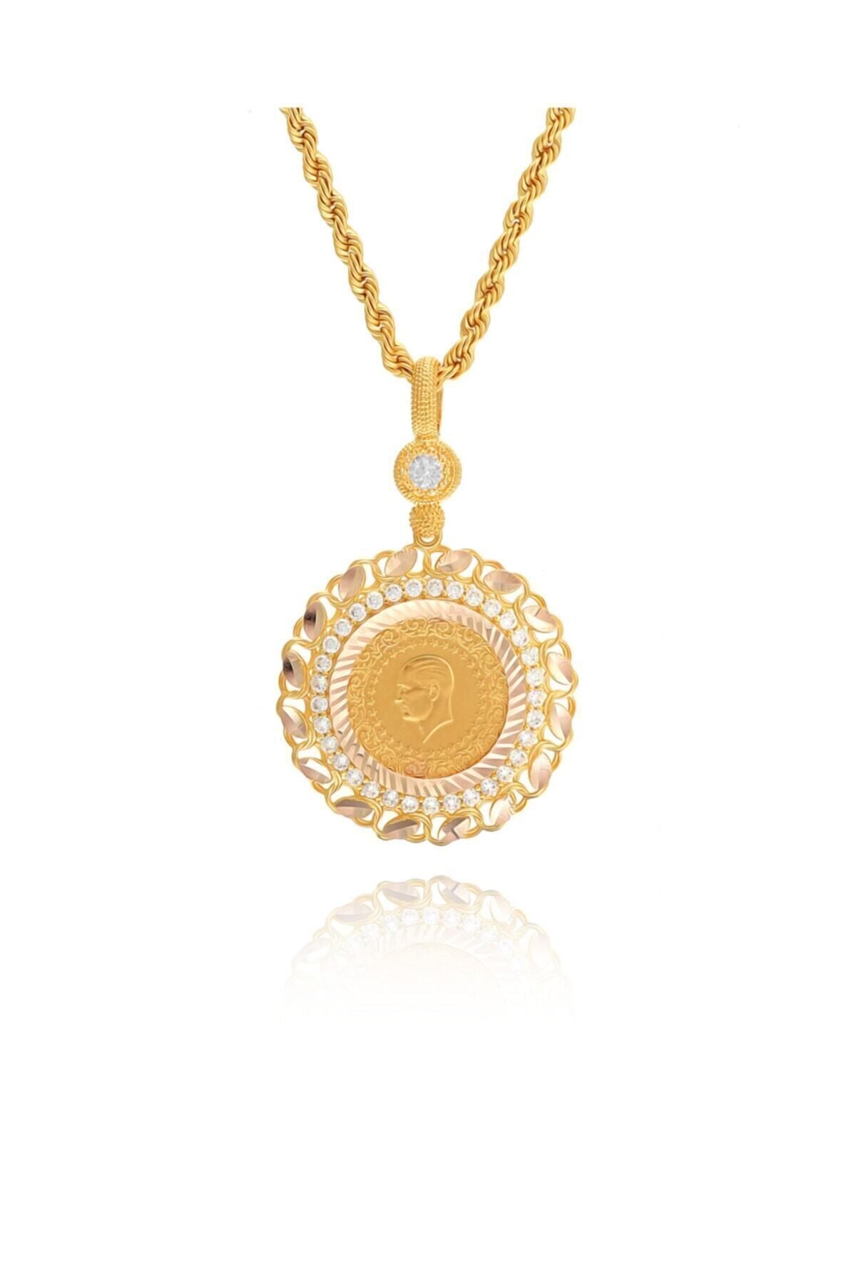 Kadın 14 Ayar Altın Çeyrek Altınlı Çerçeve Halat Zincirle Birlikte