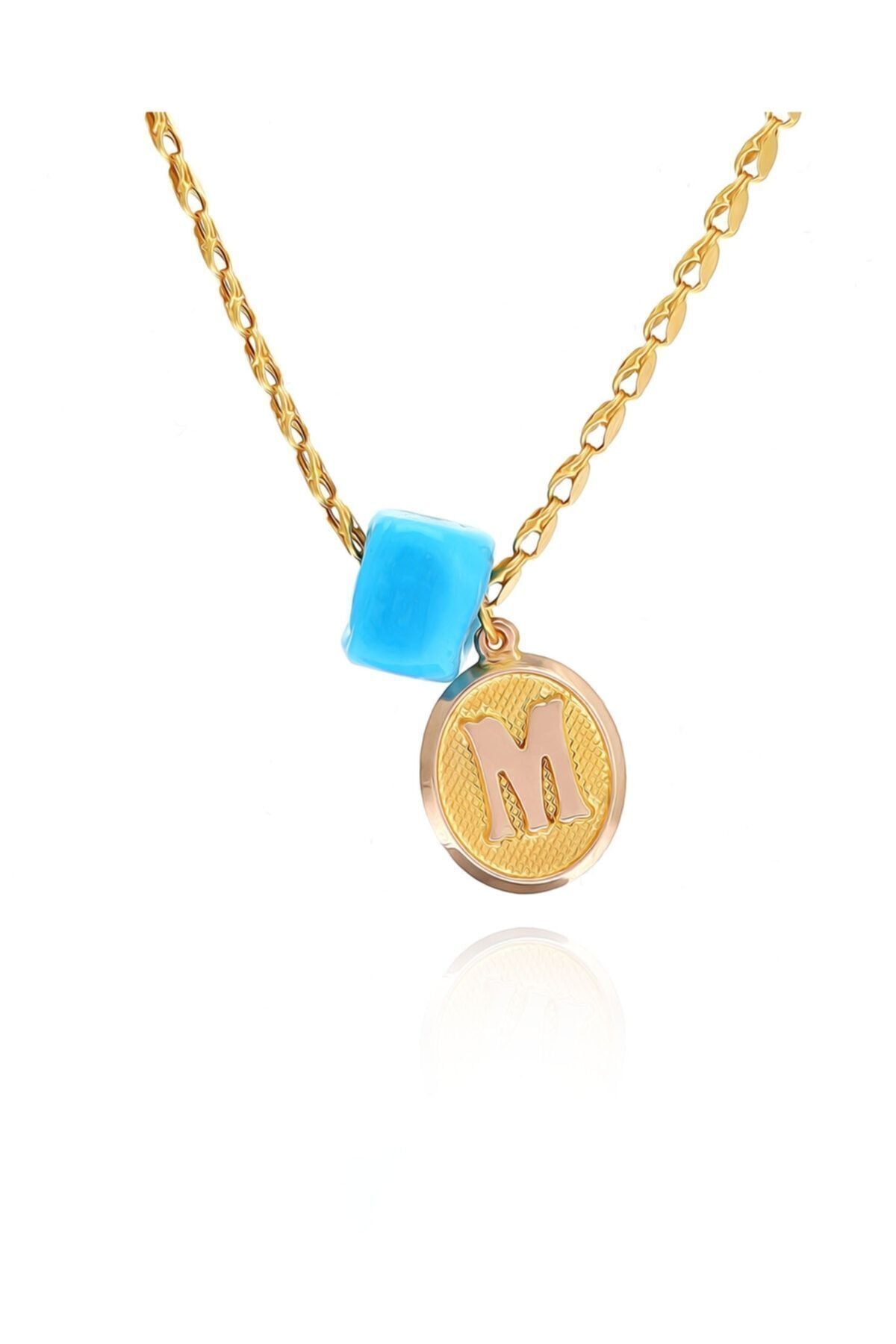 Kadın 14 Ayar Altın Pullu Zincir Firuze Taşlı Harfli Kolye