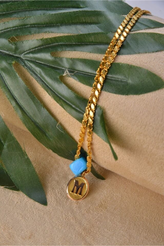 Kadın 14 Ayar Altın Pullu Zincir Firuze Taşlı Harfli Kolye