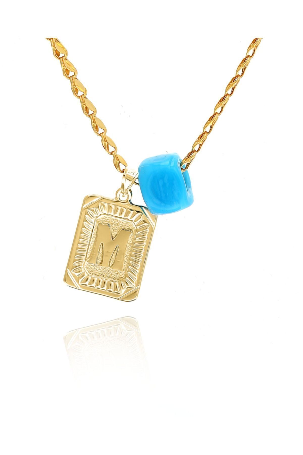 Kadın 14 Ayar Altın Pullu Zincir Firuze Taşlı Harfli Kolye