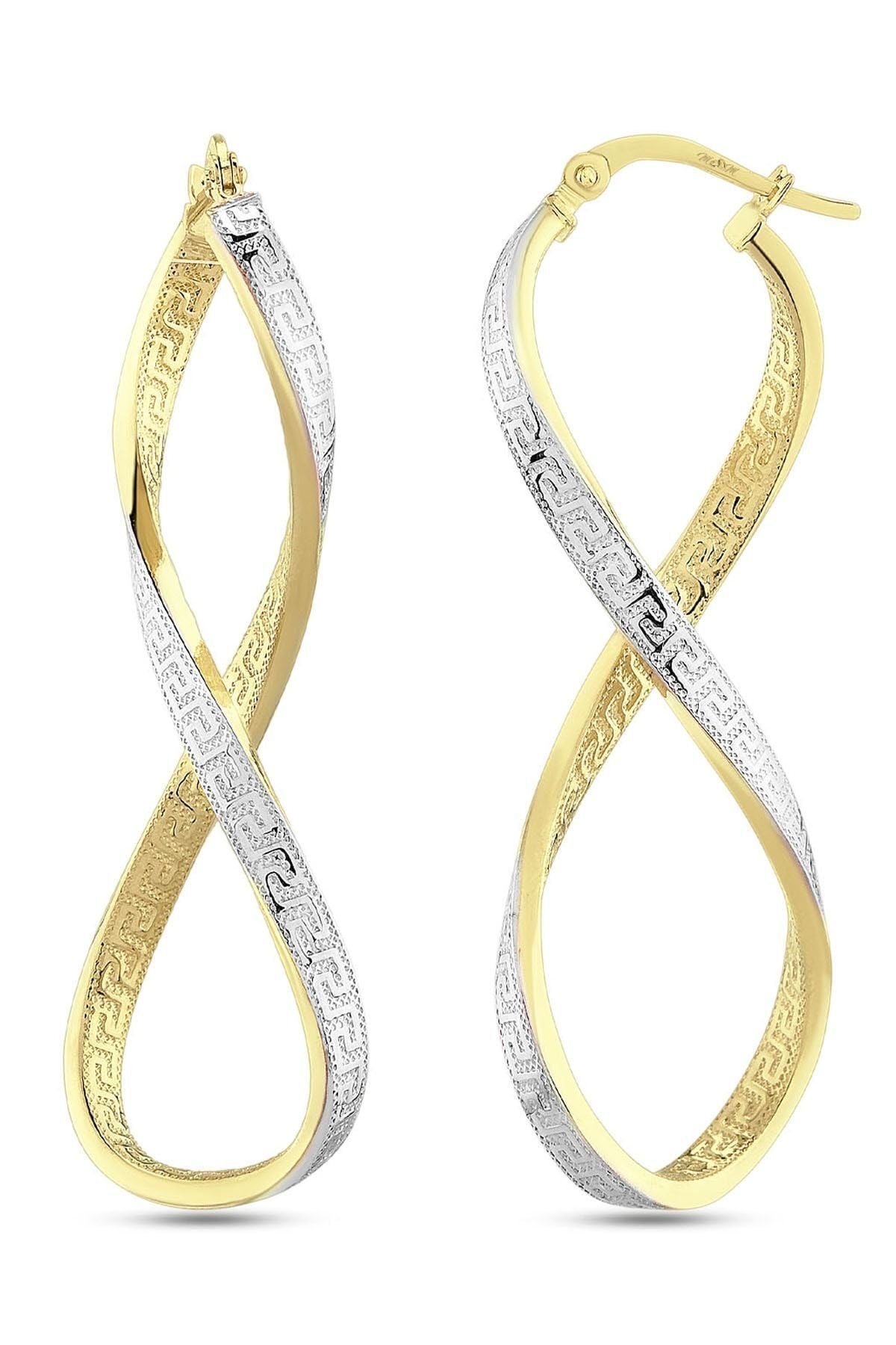 Kadın 14 Ayar Altın 2 Renk Sarı Beyaz Grek Desenli Sonsuzluk Küpe