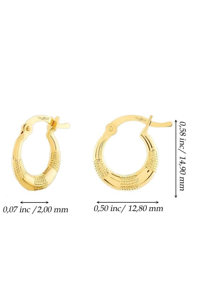 Kadın 14 Ayar Altın Desenli Minimal Halka Küpe