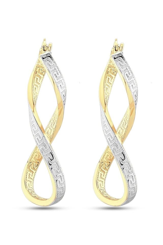 Kadın 14 Ayar Altın 2 Renk Sarı Beyaz Grek Desenli Sonsuzluk Küpe