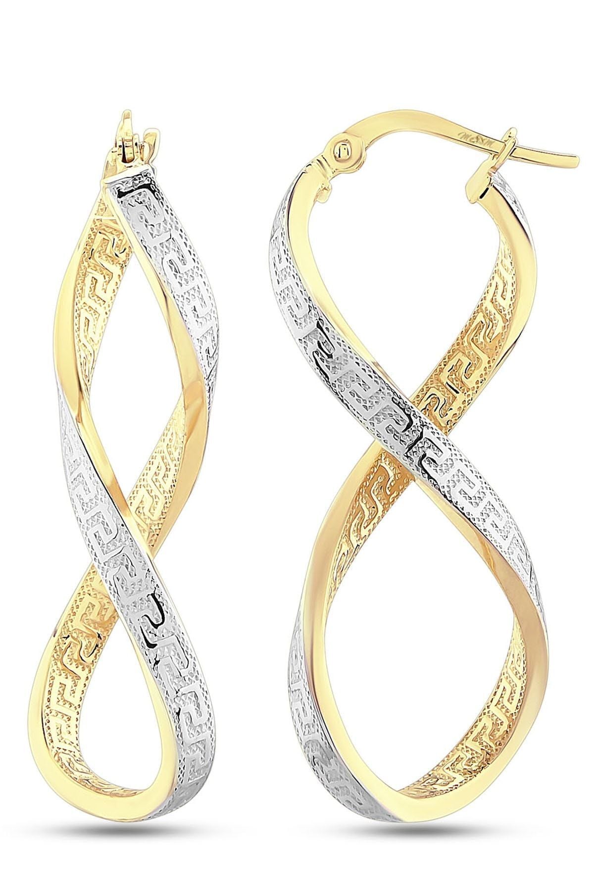 Kadın 14 Ayar Altın 2 Renk Sarı Beyaz Grek Desenli Sonsuzluk Küpe