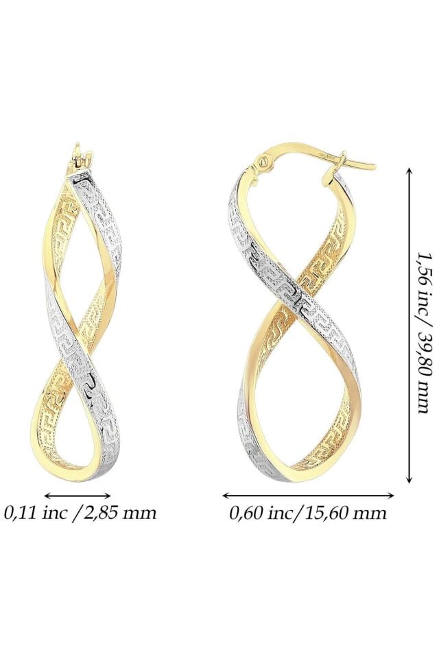 Kadın 14 Ayar Altın 2 Renk Sarı Beyaz Grek Desenli Sonsuzluk Küpe