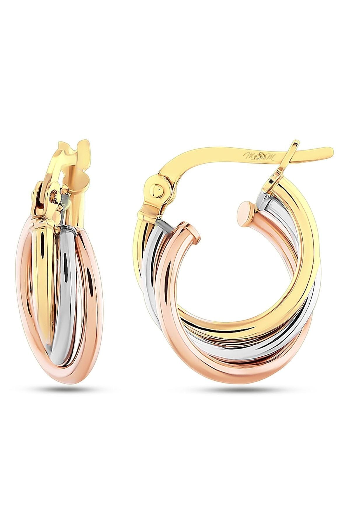 Kadın 14 Ayar Altın 3 Renk Sarı Beyaz Rose Halka Küpe