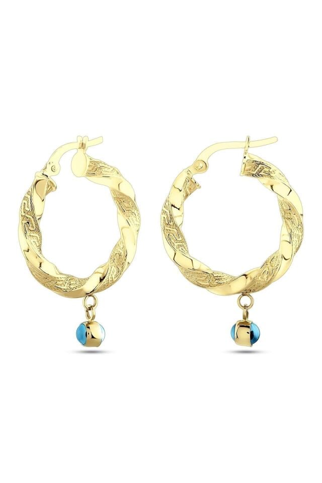 Kadın 14 Ayar Altın Nazar Göz Sallantılı Grek Desenli Halka Küpe