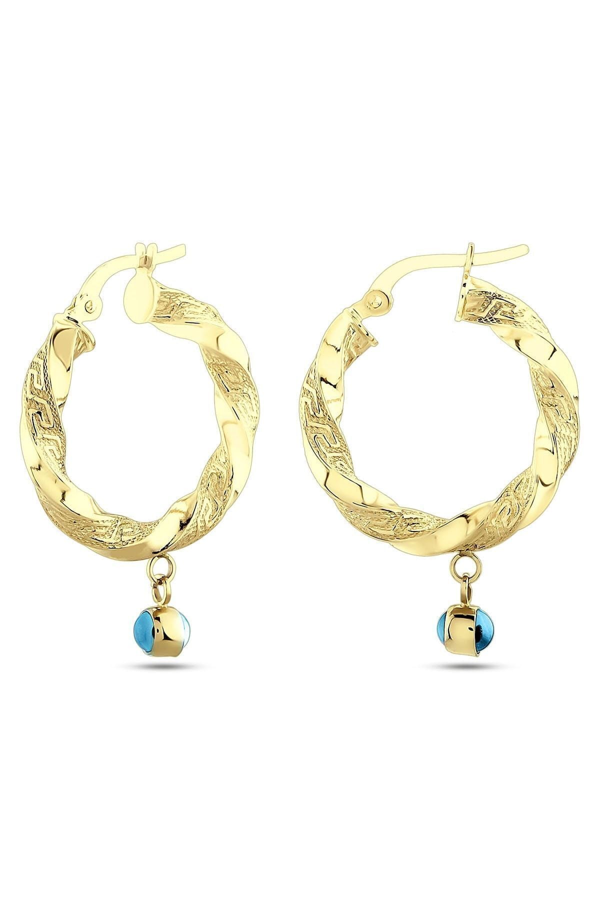 Kadın 14 Ayar Altın Nazar Göz Sallantılı Grek Desenli Halka Küpe