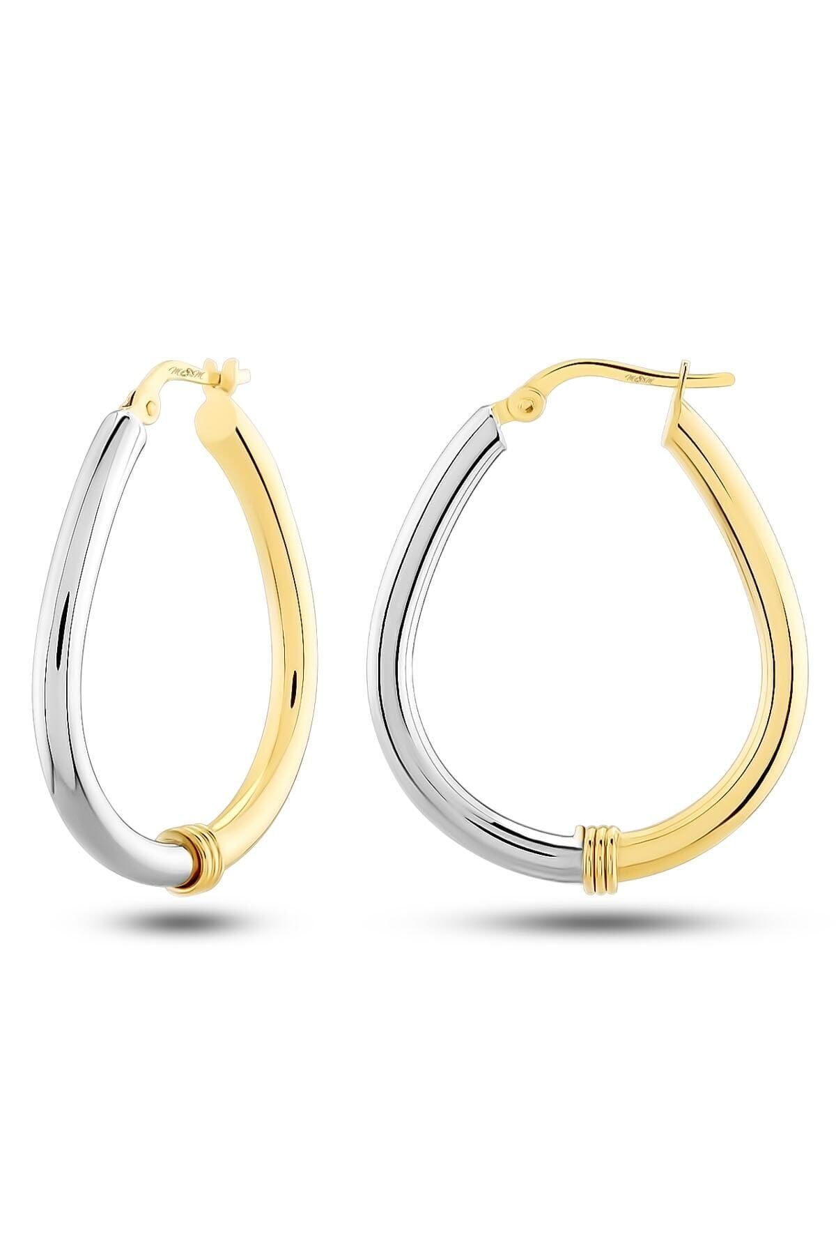 Kadın 14 Ayar Altın 2 Renk Sarı Beyaz Halka Küpe