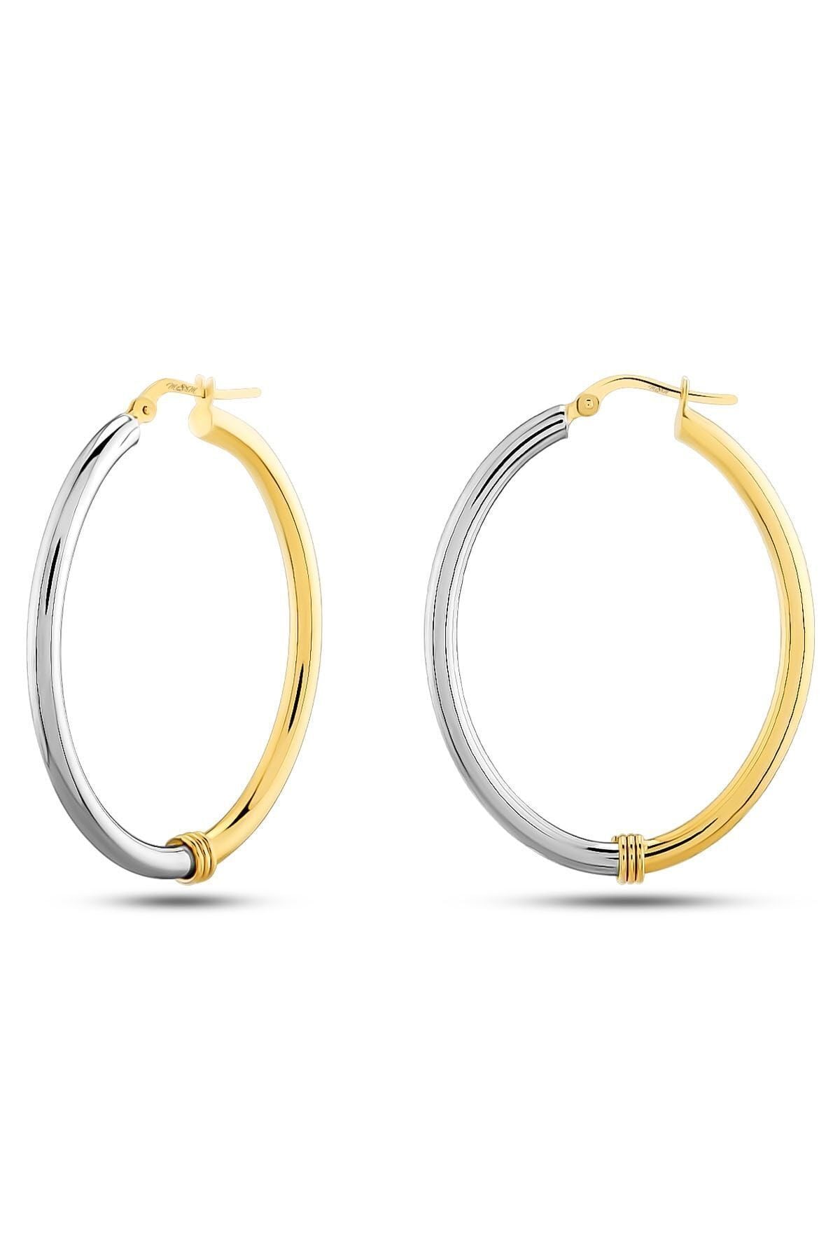 Kadın 14 Ayar Altın 2 Renk Sarı Beyaz Halka Küpe