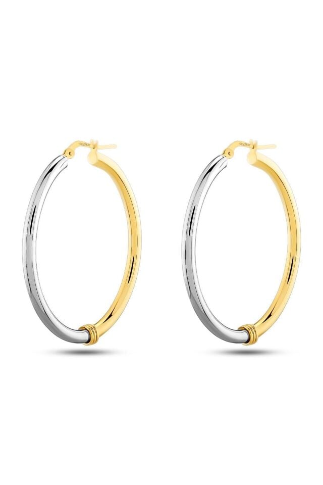 Kadın 14 Ayar Altın 2 Renk Sarı Beyaz Halka Küpe