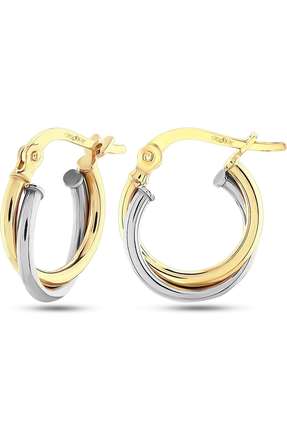 Kadın 14 Ayar Altın 2 Renk Sarı Beyaz Halka Küpe