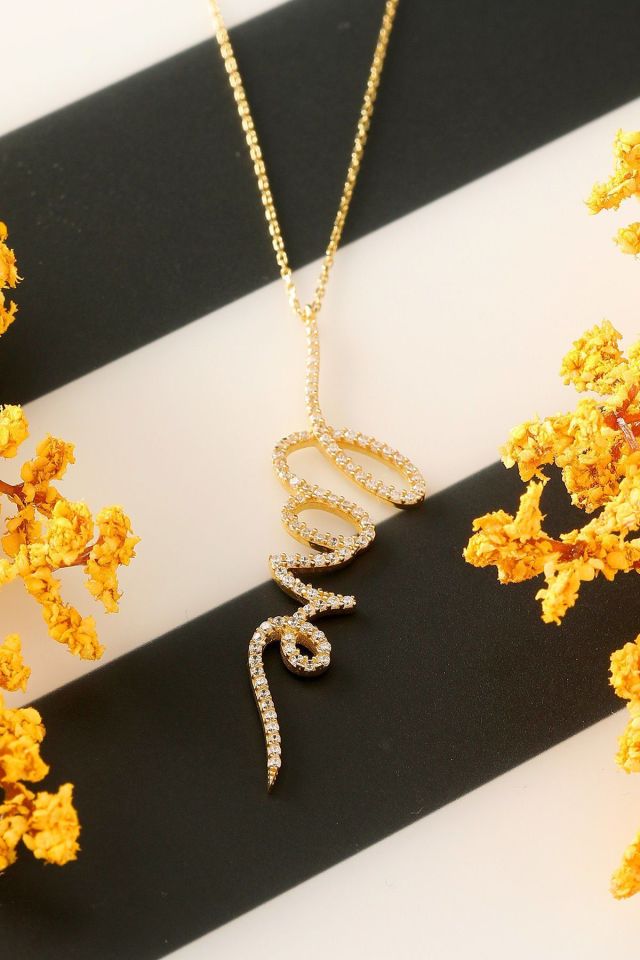 Moom Mücevherat Kadın 14 Ayar Altın 5 cm İmza Modeli Taşlı Love Kolye