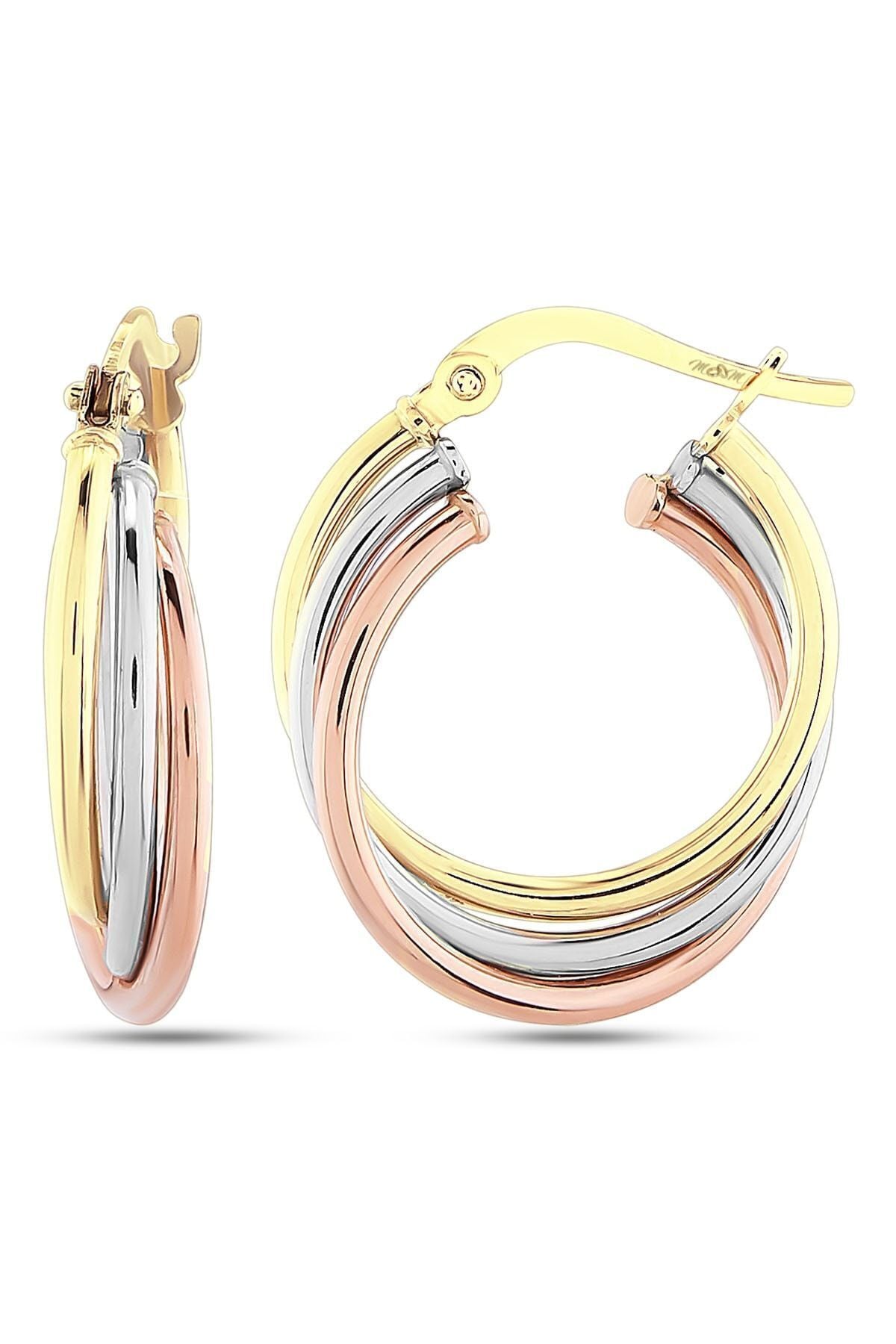 Kadın 14 Ayar Altın 3 Renk Sarı Beyaz Rose Halka Küpe