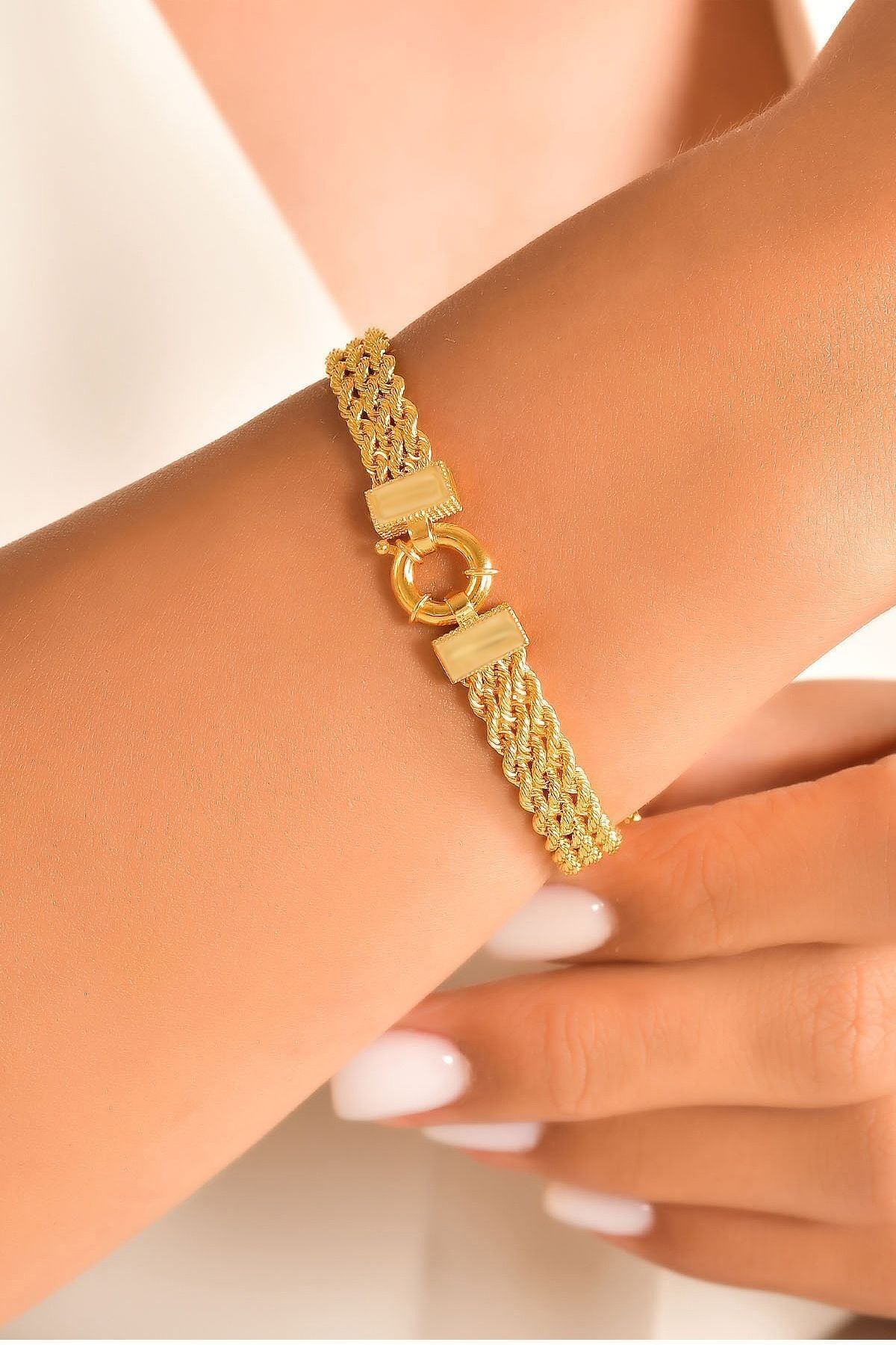 14 Ayar Altın Bileklik Üç Sıra Halat Zincir Künye 19 Cm Uzunluk