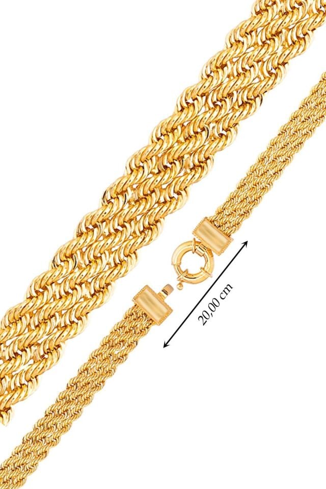 14 Ayar Altın Bileklik Üç Sıra Halat Zincir Künye 19 Cm Uzunluk