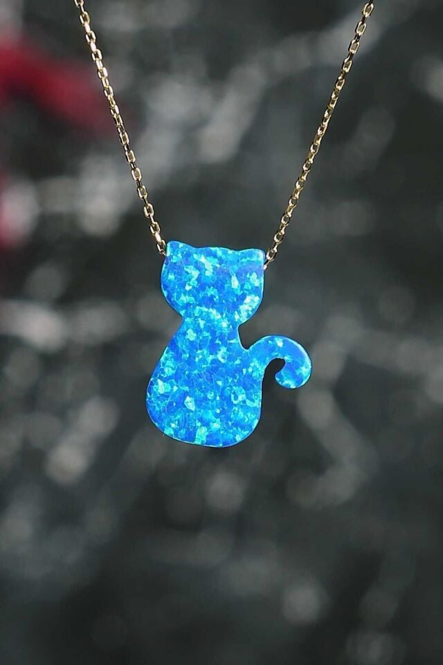 14 Ayar Altın Mavi Sedef Opal Taşlı Kedi Kolye
