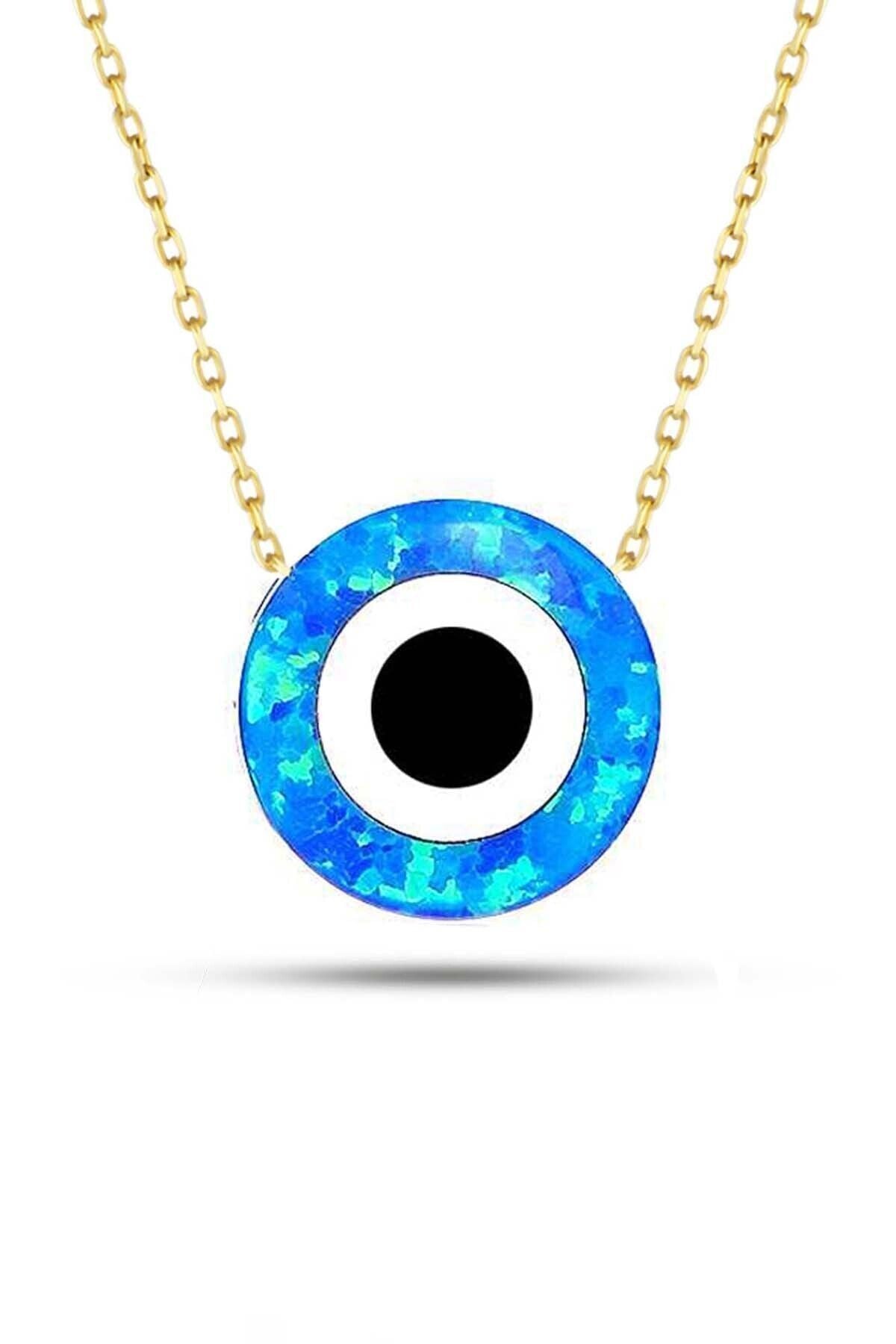 14 Ayar Altın Mavi Sedef Opal Taşlı Nazar Göz Kolye 45 Cm