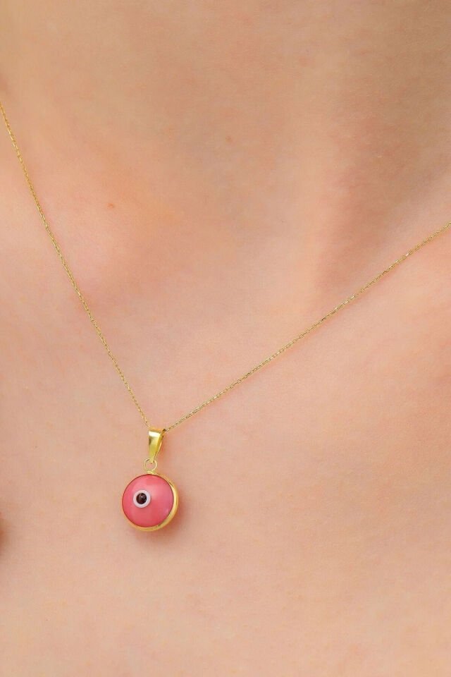 14 Ayar Altın Nazar Gözlü Forse Zincirli Kolye Pembe - 55 Cm