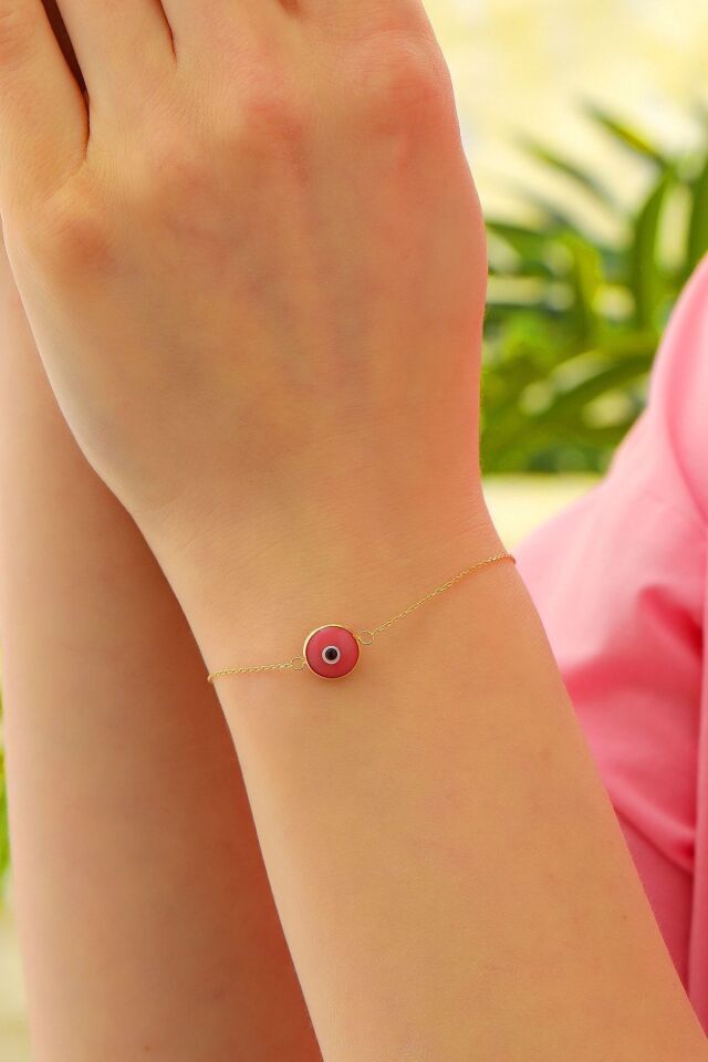 Kadın 14 Ayar Altın Göz Bileklik Pembe Renk Altın Nazar Gözlü Bileklik Uzatmalı 18 Cm