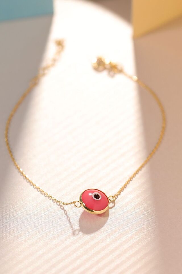 Kadın 14 Ayar Altın Göz Bileklik Pembe Renk Altın Nazar Gözlü Bileklik Uzatmalı 18 Cm