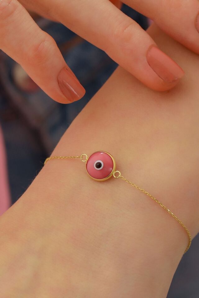 Kadın 14 Ayar Altın Göz Bileklik Pembe Renk Altın Nazar Gözlü Bileklik Uzatmalı 18 Cm