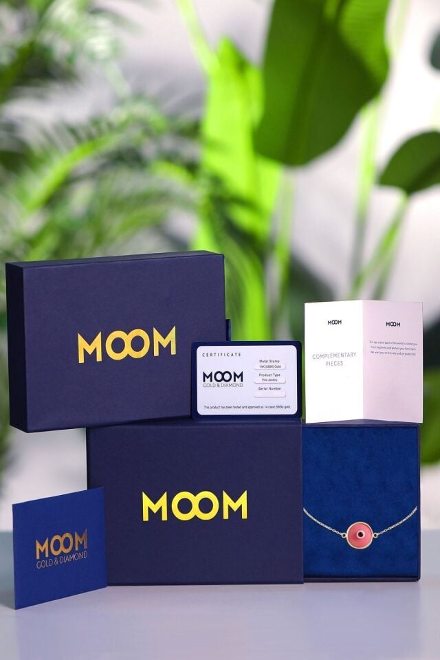 Kadın 14 Ayar Altın Göz Bileklik Pembe Renk Altın Nazar Gözlü Bileklik Uzatmalı 18 Cm