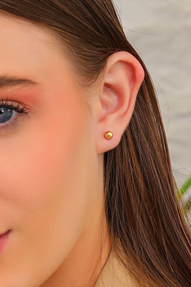 14 Ayar Altın Küpe Vidalı Düz ParlakTop Küpe Top Ebatı 6-MM