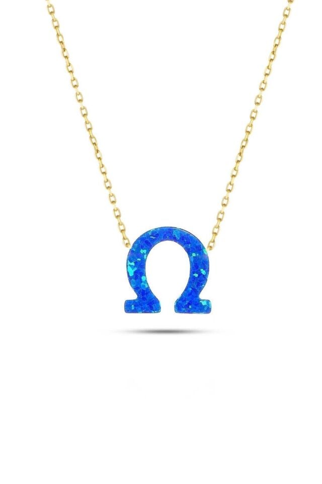 14 Ayar Altın Mavi Sedef Opal Taşlı At Nalı Kolye 45 Cm