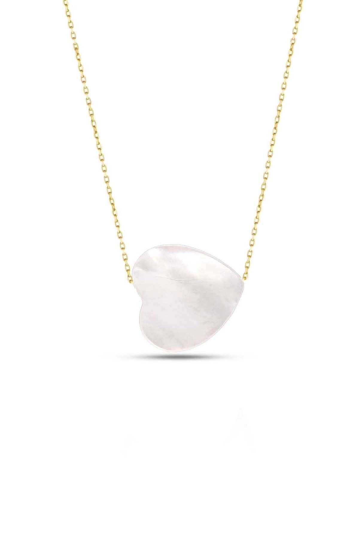 14 Ayar Altın Beyaz Opal Taşlı Kalp Kolye 45 Cm