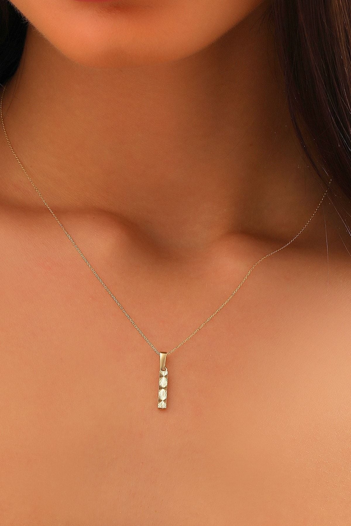 Kadın 14 Ayar Altın Harf Kolye I Harfi Altın Kolye Zincirli Kalemli Işıltılı Desenli