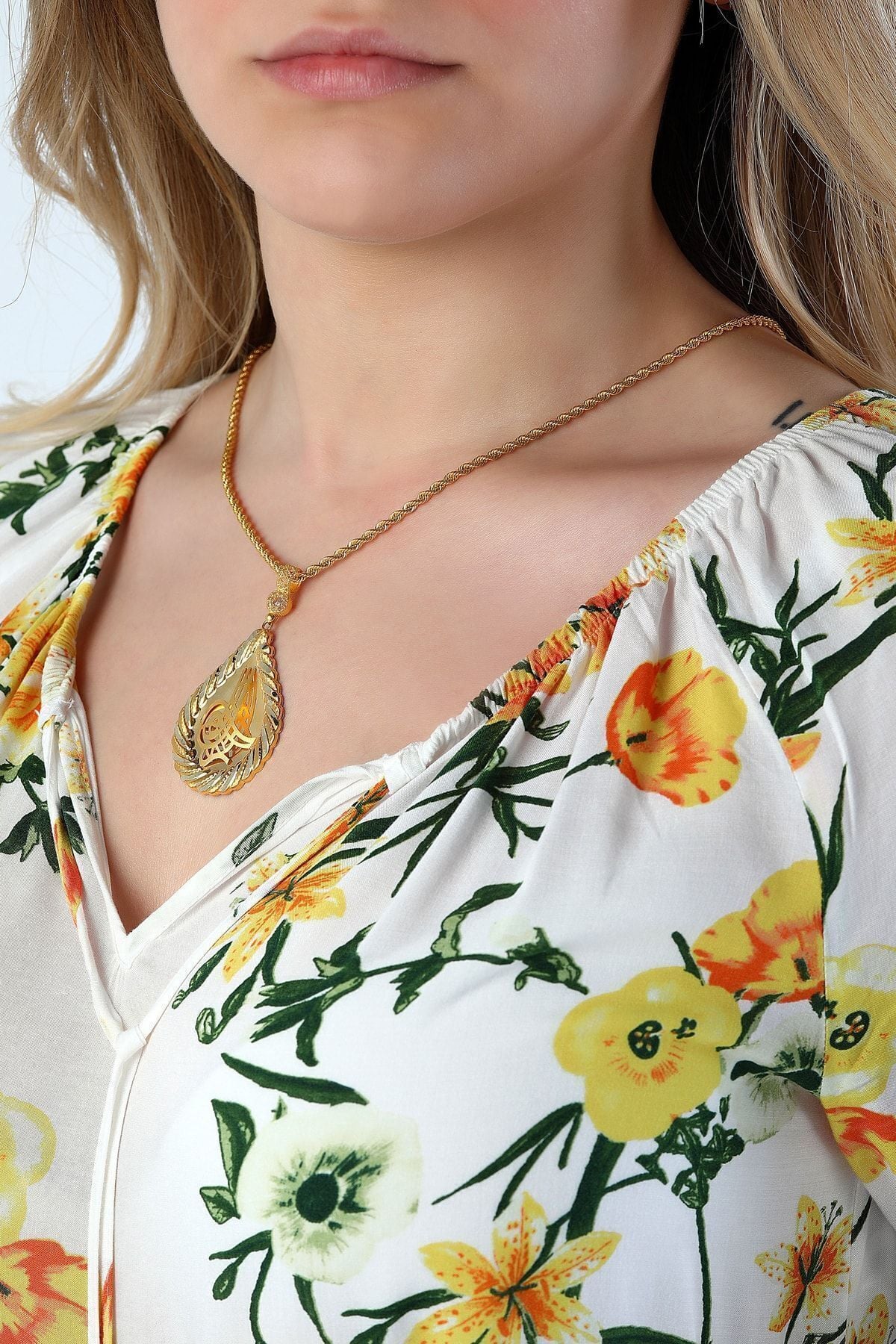 Kadın Altın Damla Model Taşlı Osmanlı Tuğrası 14 Ayar