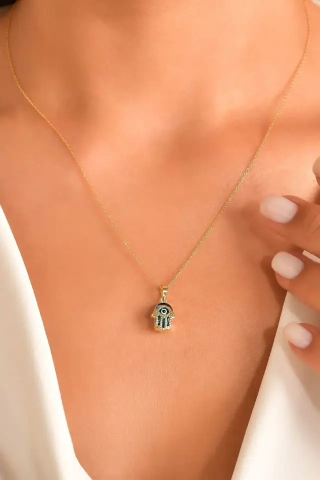 14 Ayar Altın Kolye Nazar Boncuklu Göz Kolye Ucu Fatma Ana Eli Modeli Zincir Dahil Değil