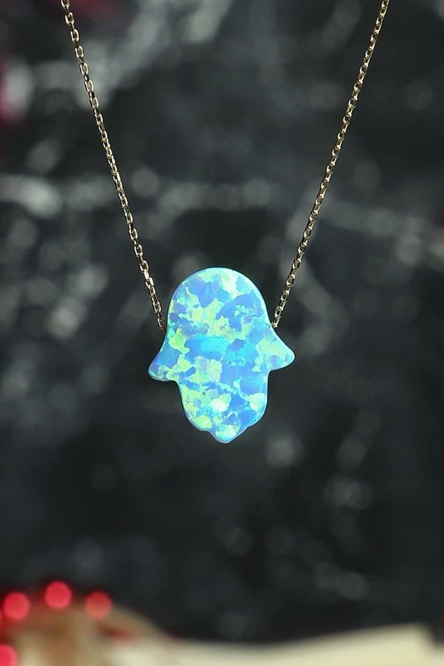 Moom Mücevherat Kadın 14 Ayar Altın Mavi Sedef Opal Taşlı Fatma Eli Kolye