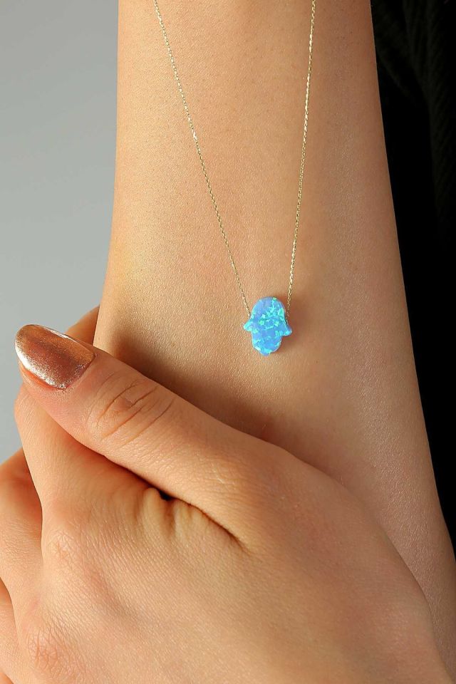 Moom Mücevherat Kadın 14 Ayar Altın Mavi Sedef Opal Taşlı Fatma Eli Kolye