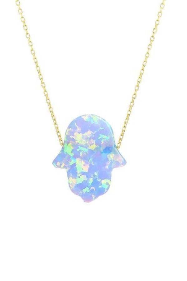 Moom Mücevherat Kadın 14 Ayar Altın Mavi Sedef Opal Taşlı Fatma Eli Kolye