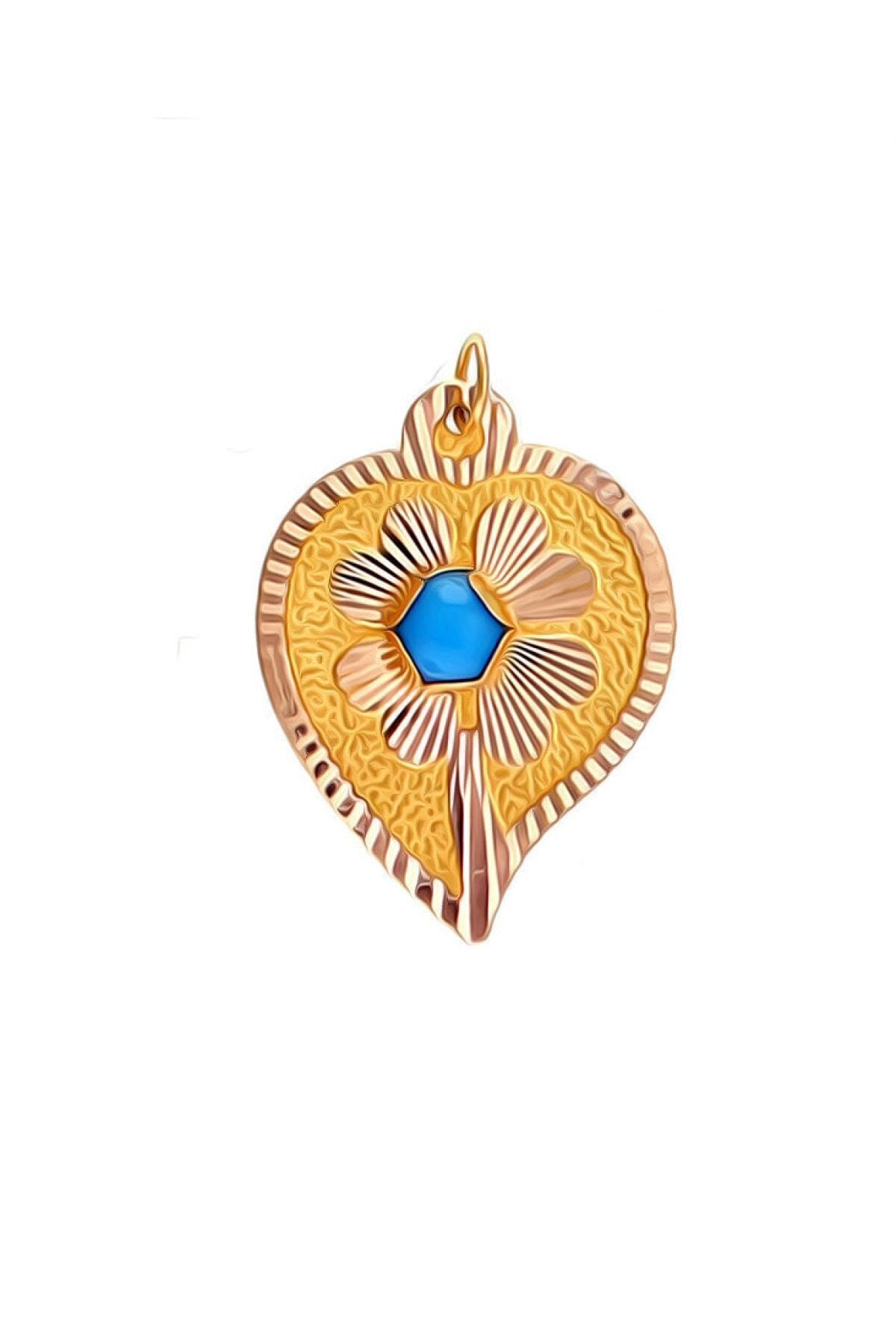 Kadın 14 Ayar Altın Çiçek Desenli Mavi Taşlı Kolye Ucu