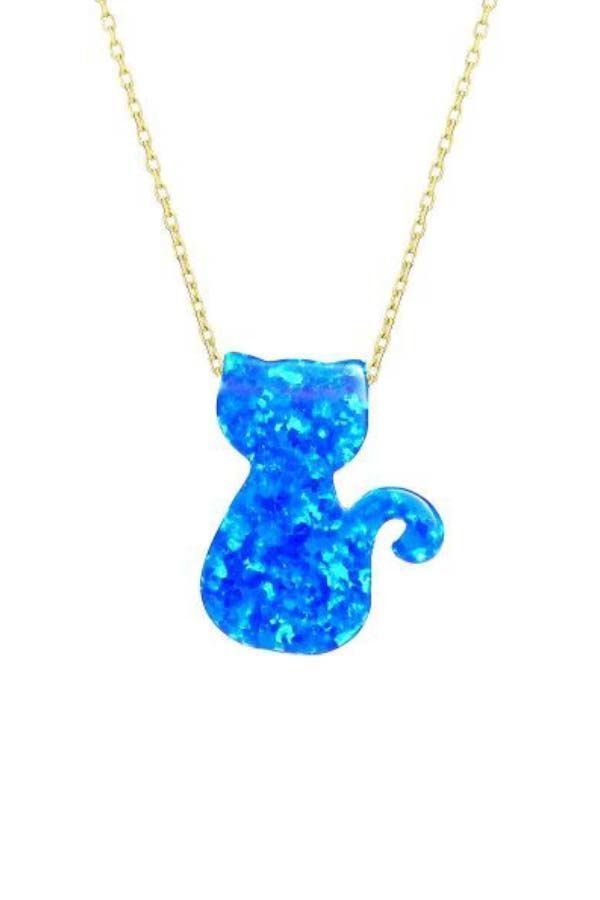 Moom Mücevherat Kadın 14 Ayar Altın Mavi Sedef Opal Taşlı Kedi Kolye
