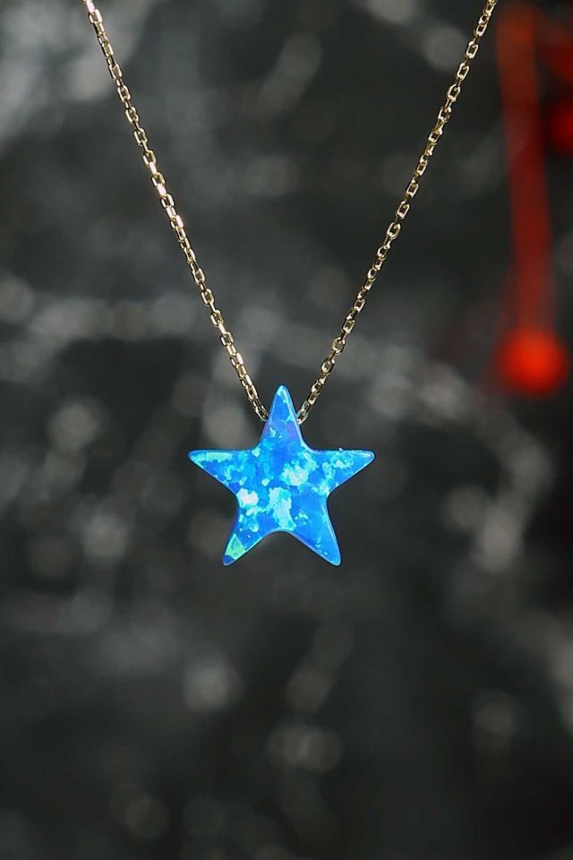 Moom Mücevherat Kadın 14 Ayar Altın Mavi Sedef Opal Taşlı Yıldız Kolye