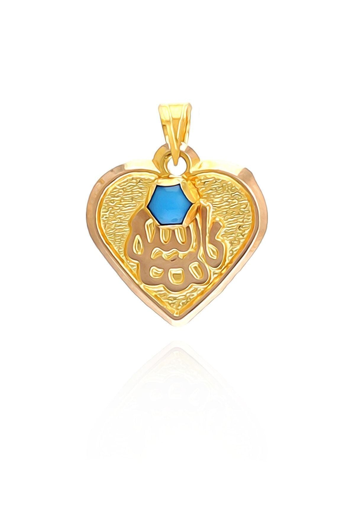 Kadın 14 Ayar Altın Hediyelik Kalp Şekilli Maşallah'lı Mavi Taşlı Kolye Ucu