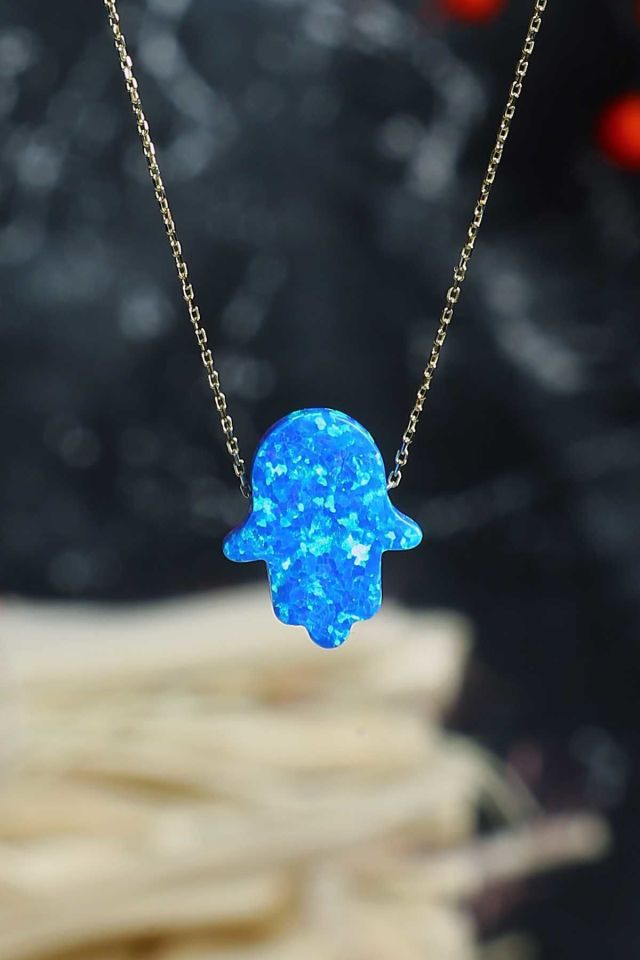 Moom Mücevherat Kadın 14 Ayar Altın Mavi Sedef Opal Taşlı Fatma Eli Kolye